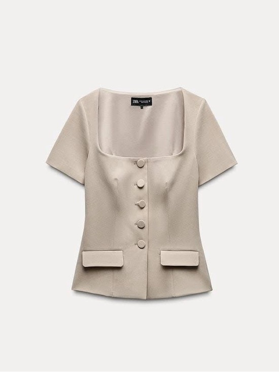 Zara Tops - Zara Taupe Square Neck Short Sleeve Button Blouse
